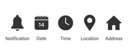 Date, Time, Address, Place, Bell,  Location, and Place icons vector in trendy style