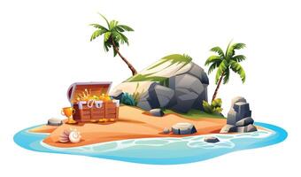 Tropical island with open treasure chest, palm trees and rocks. Vector cartoon illustration isolated on white background