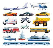 conjunto de transporte elementos. colección de varios tipos de vehículos vector dibujos animados ilustración