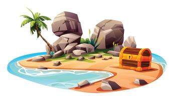 Tropical island with treasure chest, palm trees and rocks. Vector cartoon illustration isolated on white background