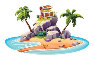 Open treasure chest on rocks with palm trees on a desert island. Cartoon vector illustration isolated on white background