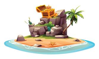 Tropical island with open treasure chest on rocks with palm tree. Cartoon vector illustration isolated on white background