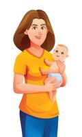 Mother holding her baby son in arms. Vector cartoon illustration