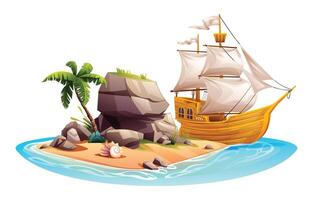 Tropical island with palm tree, rocks and sailing ship. Vector cartoon illustration isolated on white background