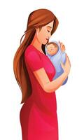 Mother holding newborn baby in arms. Vector cartoon illustration