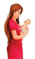 Happy mother holding her baby son in arms. Vector cartoon illustration