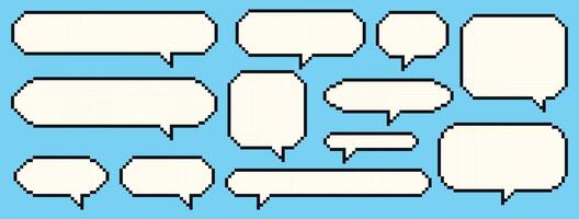 Set of pixel game frames. 8 bit graphic speech bubbles, banners, computer design elements. Vector illustration.