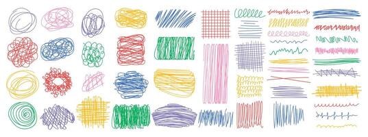 Colorful doodles of abstract geometric lines, shapes. Rough strokes with a pencil or pen. Hand drawn brush stroke elements. Modern vector illustration.