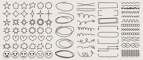 Doodles highlight the strokes for notes in a notebook. Hand drawn collection of various line shapes elements on a checkered sheet. Modern vector brush strokes, pen, pencil.