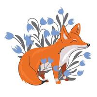 Cute fox with green branches and flowers. Funny wild animal in spring. Cartoon character, hand drawn vector illustration for kids, flat design. blue lillies of the valley