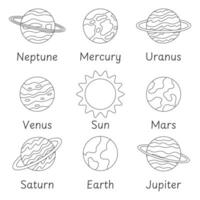 planetas de el solar sistema con nombres vector ilustración.