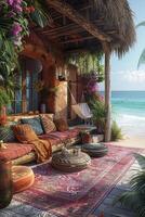 AI Generated Bohemian beach hut with colorful fabrics hammocks photo