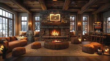 AI Generated Cozy ski lodge cafe with warm fireplaces wooden beams photo