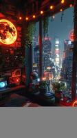 AI Generated Cyberpunk apartment with neon lights high-tech gadgets photo