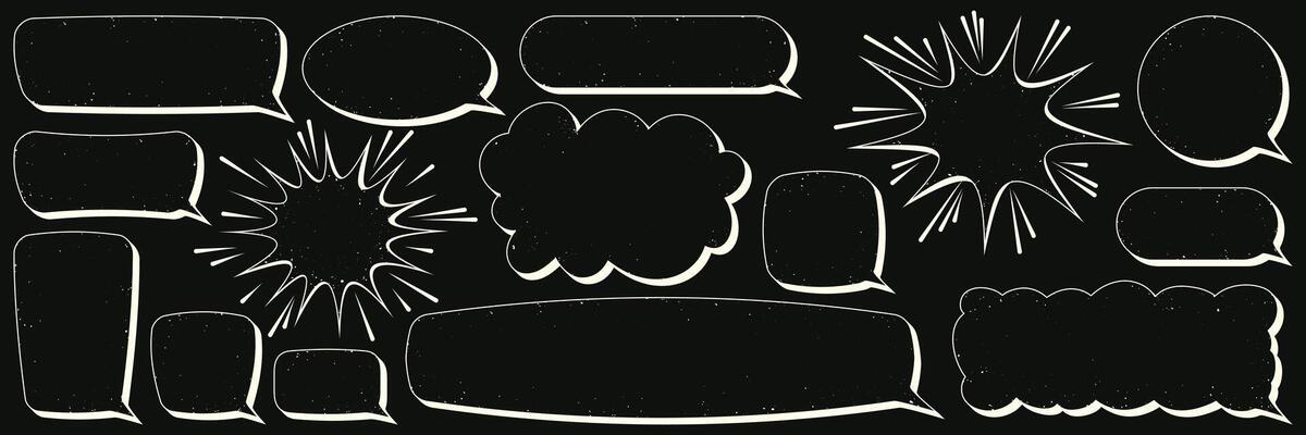 Set of comic speech bubbles in the shape of a cloud, rectangle, blot with empty space for text. Vector illustration in retro linear style without shading with texture of dirt, scuffs.