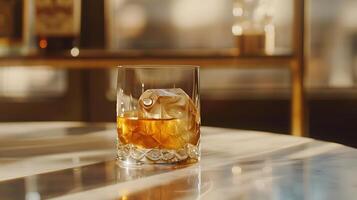 AI generated Amber Whiskey on Rocks Bathed in Soft Natural Light Captured with 50mm Lens photo