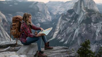 ai generado intrépido mujer encuestas majestuoso montaña paisaje con mapa y mochila capturado con telefotográfico lente foto