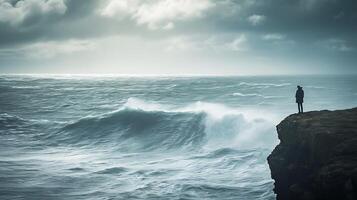 AI generated Contemplating Solitude Cliffside Reflections Amidst Turbulent Ocean and Moody Skies photo