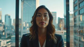 AI generated Businesswoman Presents in Modern Office Boardroom with City Skyline Background Captured with 50mm Lens photo