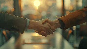 AI generated Business Professionals Seal Deal in Front of Modern City Skyline Captured with 50mm Lens Emphasizing Handshake photo