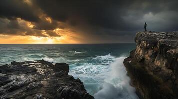 AI generated Resilient Figure Embraces Stormy Cliff Facing Ocean with Determination Hope and Inner Strength photo