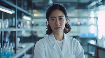 AI generated Female Scientist Engaged in Microscopic Research Amidst Laboratory Equipment photo