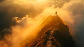 AI generated Determined Figure Faces Uncertain Mountain Trail Bathed in Hopeful Sunlight Amidst Challenging Landscape photo