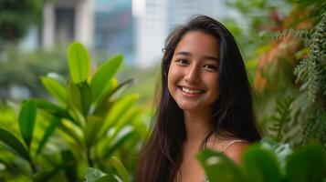 AI generated Smiling Young Woman Embraces Music and Technology in CloseUp Shot with Wireless Headphones and Smartphone photo