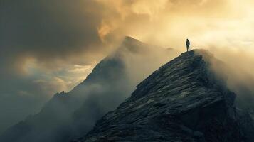 ai generado soledad y autodescubrimiento solitario figura en escabroso montaña pico en medio de ardiente puesta de sol y azotado por el viento desierto foto