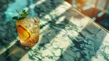 AI generated Refreshing Citrus Cocktail Glistens on Marble Counter Adorned with Citrus Slice and Mint Sprig photo