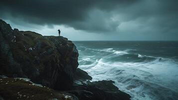 AI generated Resilient Figure Stands Against Stormy Sea Embodying Determination and Finding Inner Strength photo