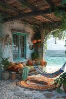 AI Generated Bohemian beach hut with colorful fabrics hammocks photo