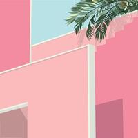 vector edificio. contemporáneo geometría arquitectura póster en moderno estilo. póster en magenta antecedentes. boho estilo. rosado Arte con palmera. decoración o tarjeta postal o pared Arte impresión. vector.