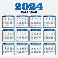 Blue 2024 English wall calendar template schedule events vector design