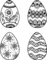 A collection of 4 Easter eggs with a beautiful ornament, a coloring book, a black and white vector illustration highlighted on a white background. A set of Easter eggs. Easter prints, patterns.
