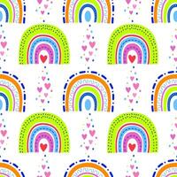 sin costura arco iris modelo. un arco iris en el cielo y corazones. diseño en brillante colores para el para niños habitación, textiles y telas vector