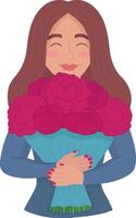 A beautiful girl with maroon flowers in her hands. A girl with a bouquet of peonies in her hands. Illustrations of vector design in handmade style.