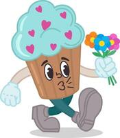 llustration of a cupcake with flowers in retro style of the 30s, 40s, 50s, 60s. The character is the mascot of the cartoon. Vector illustration for Valentine's Day. Happy emotions, a smile.