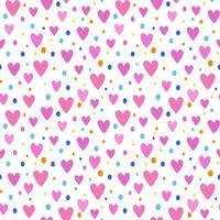 An illustration of a seamless pattern in the form of pink hearts and multicolored dots. Cute romantic print, festive background for Valentine's day, romantic wedding design. vector