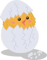 An illustration of a cute chicken hatched from an egg. Easter theme, a cartoon with a yellow chicken and a cracked eggshell, highlighted on an orange background. Vector illustration.