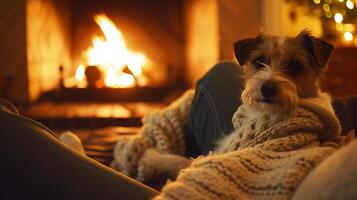 AI generated Intimate Moment Person and Pet Embrace by Fireplace in Warm Glow Capturing Emotional Connection and Comfort photo