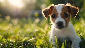 ai generado curioso perrito juegos en vibrante campo bañado en suave natural ligero foto