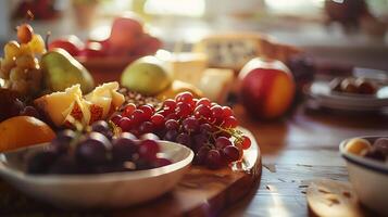 AI generated Colorful Fruit and Cheese Spread Glowing in Soft Natural Light Captured with Macro Lens photo