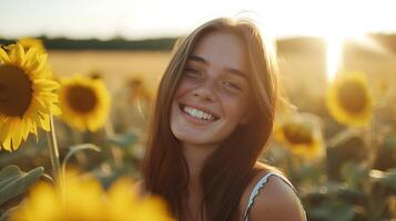 AI generated Young Woman Smiles Gazing from Airplane Window Surrounded by Fluffy Clouds photo