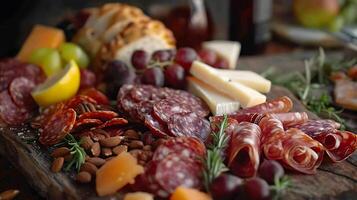 AI generated Charcuterie Perfection Assorted Cheeses Meats Fruits and Nuts Set Against Rustic Background Bathed in Soft Natural Light photo