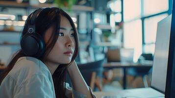 AI generated Young Woman with Wireless Earbuds Smiles Surrounded by Tech Gadgets at Colorful Desk photo