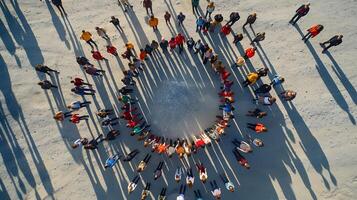 ai generado diverso humano cadena demuestra unidad en gran angular aéreo ver foto