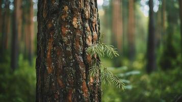 AI generated Intricate Textures of Lush Forest Tree Trunk Vibrant Foliage in Background captured with 50mm Lens photo