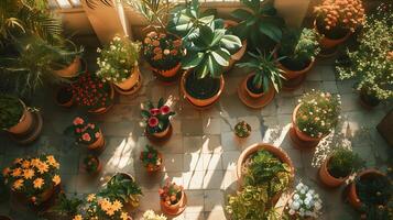 AI generated Vibrant Array of Potted Plants and Flowers Bask in Soft Sunlight on Sunny Patio photo