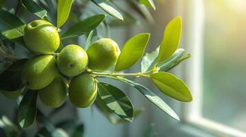 AI generated Olive fruit branch close up view photo